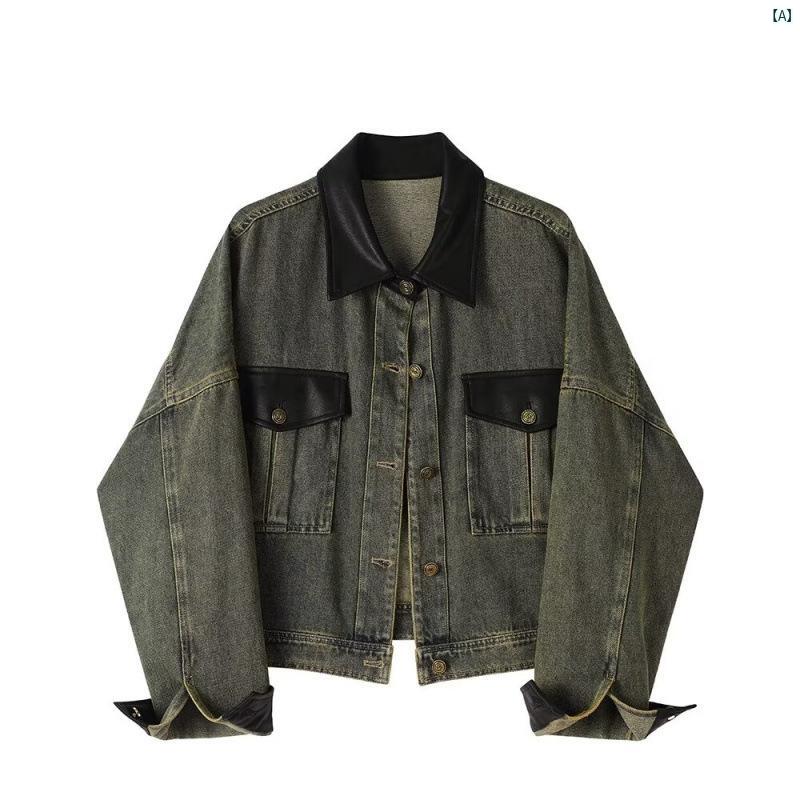 Rakuten - メンズ レディース アメリカン レトロ ショートジャケット PUレザー 切り替え デニム 秋用 アウター トップス カジュアル 普段使い 軽量 伸縮性