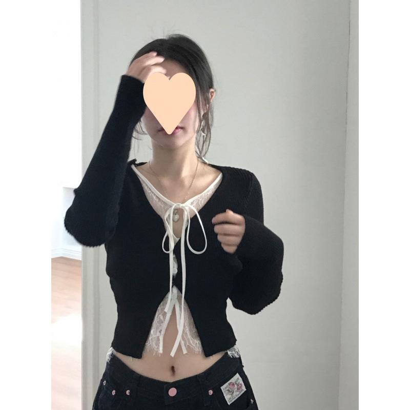 乐天商城 - カーディガン レディース ニット 切り替えレース フリルエッジ フェイクツーピース セクシースタイル トップス 軽量 伸縮性 春夏