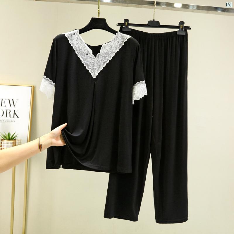 乐天商城 - パジャマ 女性用 夏 ルームウェア セット Vネック 短袖 トップス レース 花辺 九分丈 パンツ 綿素材 部屋着 涼しい 伸縮性 通気性 軽量 カジュアル