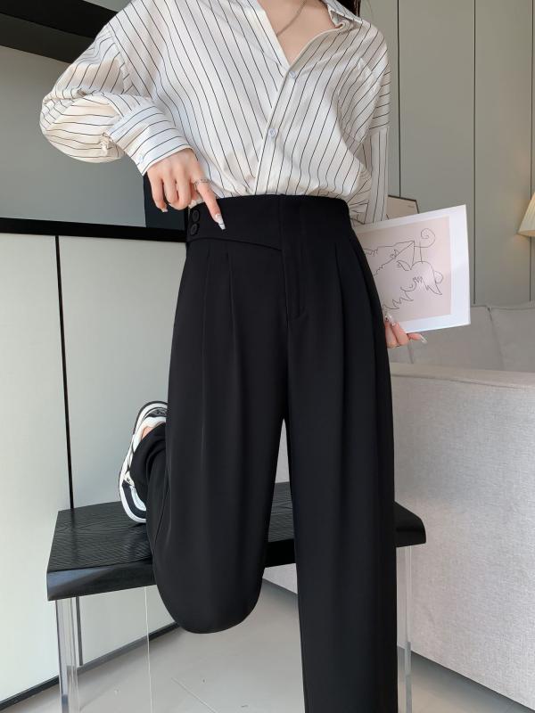 乐天商城 - ワイドパンツ レディース ブラック ゆったり 細見え ハイウエスト 落ち感 ストレート スーツ フロア丈 カジュアル 春秋 普段使い 軽量 伸縮性