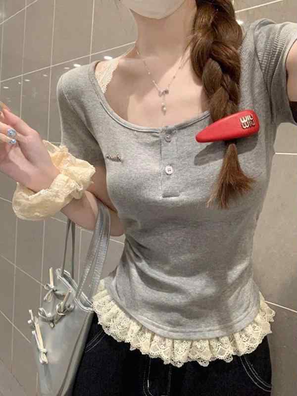 樂天商城 - レディース 夏用 短袖 Tシャツ Uネック レース ハルターネック フェイクツーピース スリムフィット 細見え 正肩 カジュアル トップス フェミニン 伸縮性