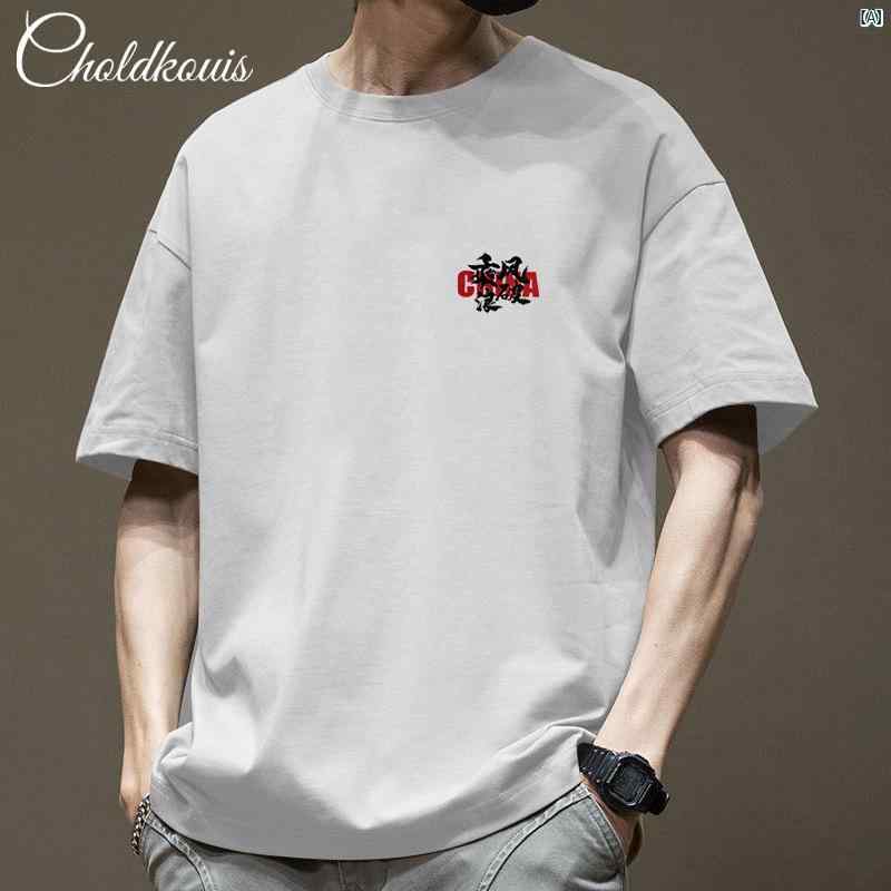 乐天商城 - 半袖Tシャツ メンズ レトロ ストリートファッション アメリカンスタイル 綿素材 夏用 7分丈 厚手 カジュアル トップス 普段使い 吸湿速乾 軽量 ビッグシルエット