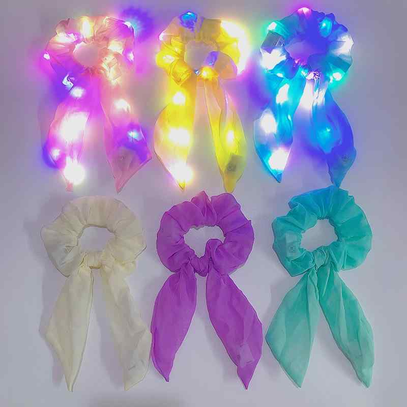 ヘアゴム LED 発光 リボン 巻き スクンチー 6色 マルチカラー 七彩 夜光 機能 ファッション ヘアアクセサリー ダンス パーティー クラブ ナイト 用 ポップ 目立つ アクセント