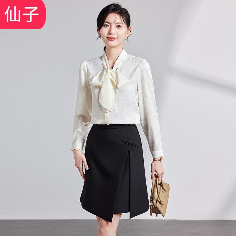 乐天商城 - シャツ 女性用 春秋 通勤 白 蝶結び リボン 高級感 ブラウス トップス 上品 シンプル オフィス スタイル コットン 素材