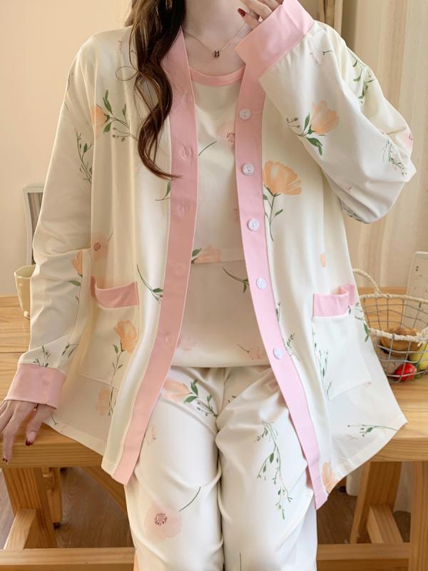 妊婦用 授乳パジャマ 3点セット 胸パッド付き 綿素材 薄手 春秋 待産後 産婦 部屋...