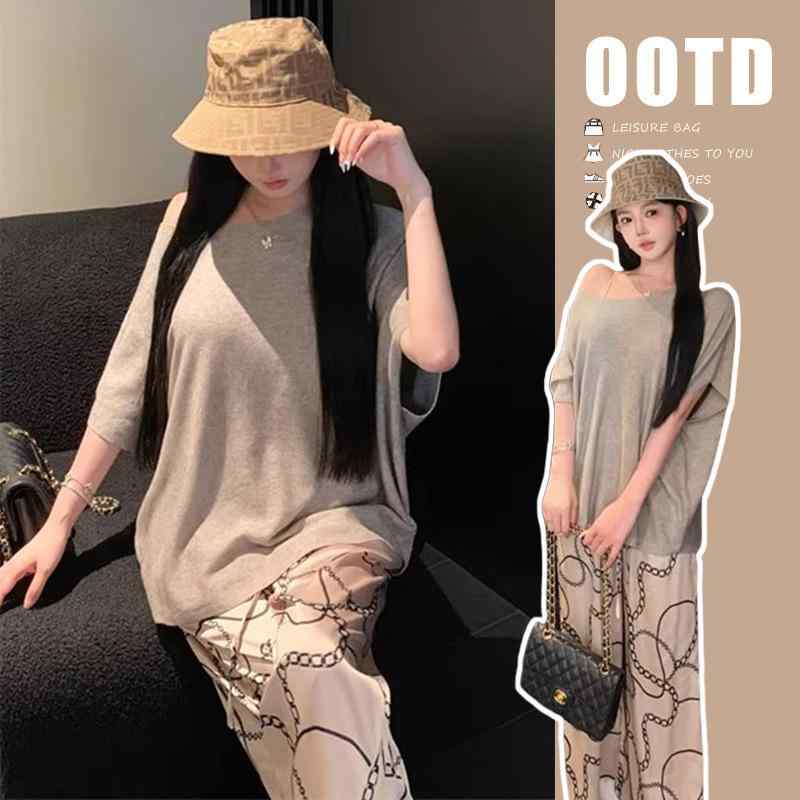 妊婦用 夏 ゆったり オフショルダー コットン Tシャツ レトロ プリント ドローストリング ロングパンツ セット 普段使い 快適 軽量 伸縮性