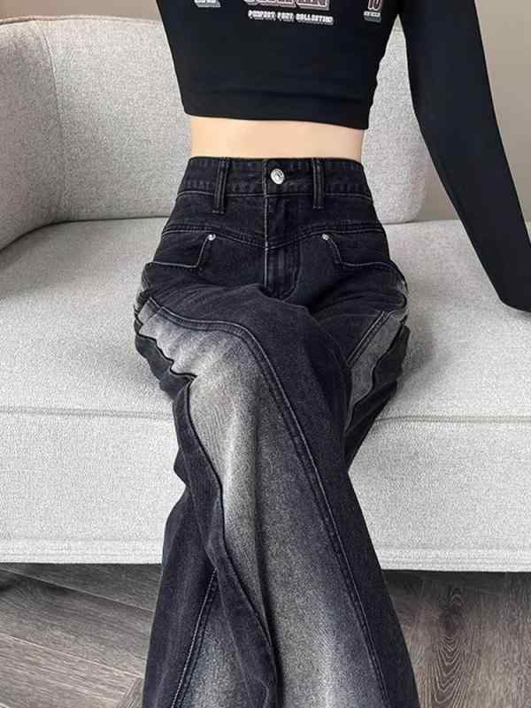 乐天商城 - デニムパンツ レディース ワイドレッグ ハイウエスト ストレート ロング丈 グラデーション コントラストカラー ブラックグレー ビッグサイズ デニム素材 カジュアル 春秋
