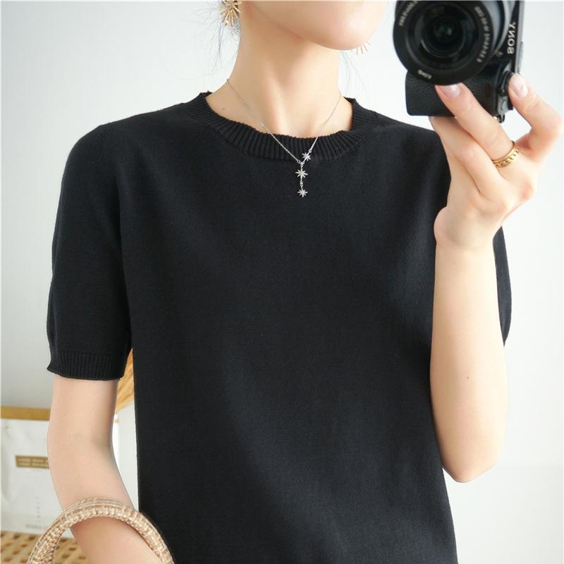 乐天商城 - Tシャツ レディース 半袖 ニット 綿麻 春夏 ゆったり 薄手 ラウンドネック インナー カジュアル スリム スタイル 通気性 軽量 トップス