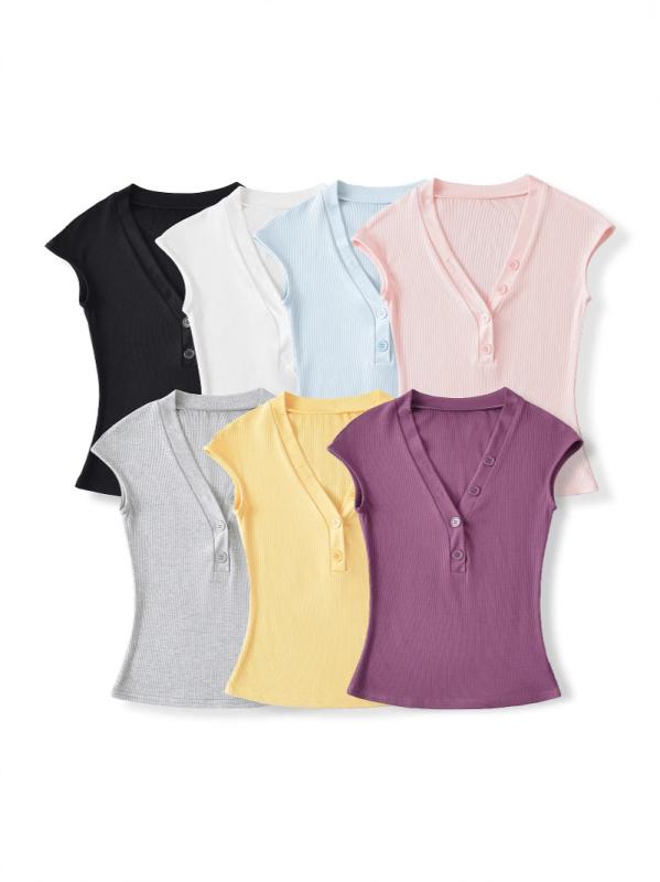 Rakuten - レディース 夏 Vネック ボタン 短袖 Tシャツ トップス スリムフィット スリム見せ 単色 フリルスリーブ 合わせやすい 普段使い カジュアル 軽量 伸縮性