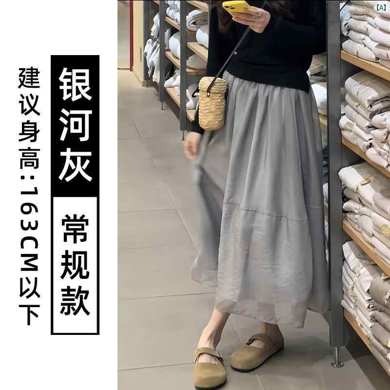 樂天商城 - スカート レディース グレー シフォン ミディ丈 夏用 ハイウエスト Aライン 小柄対応 スリム効果 フレンチ 軽量 通気性 吸湿速乾 カジュアル 普段使い