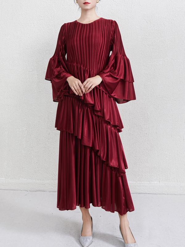 乐天商城 - ワンピース レディース 秋冬 フレンチスタイル プリーツ 高級感 ママ服 パーティー フォーマルドレス 気品 エレガント ロング丈 膝丈 ベーシック 普段使い