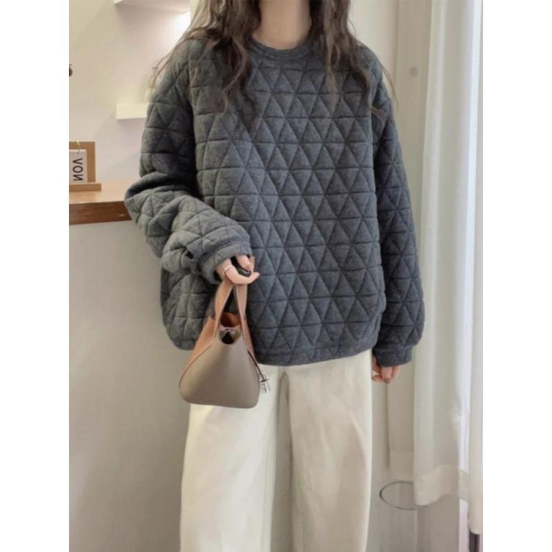 乐天商城 - レディース 秋冬 スウェット 菱形格子 綿パッド ゆったり リラックススタイル 厚手 暖か 大きめサイズ フィット 保温性 コットン素材 普段使い ボリュームシルエット