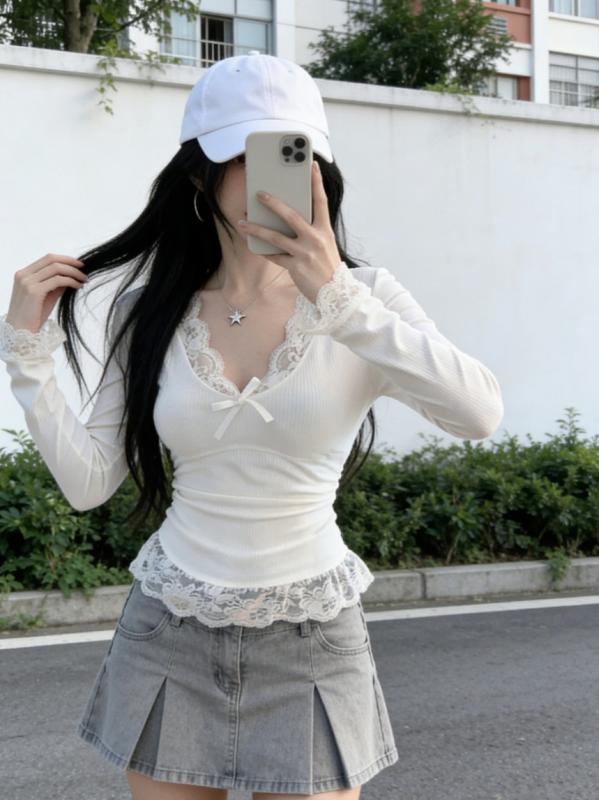 Rakuten - レディース 長袖 Tシャツ レース 縁取り 欲 スタイル 早春 インナー ベース レイヤー スリム フィット トップス コーディネート しやすく かわいい セクシー 普段使い
