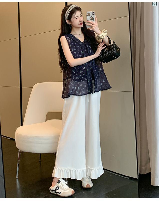 妊婦服 夏 小花柄 無袖 キャミソール トップス フリル ワイドパンツ ゆったり シル...