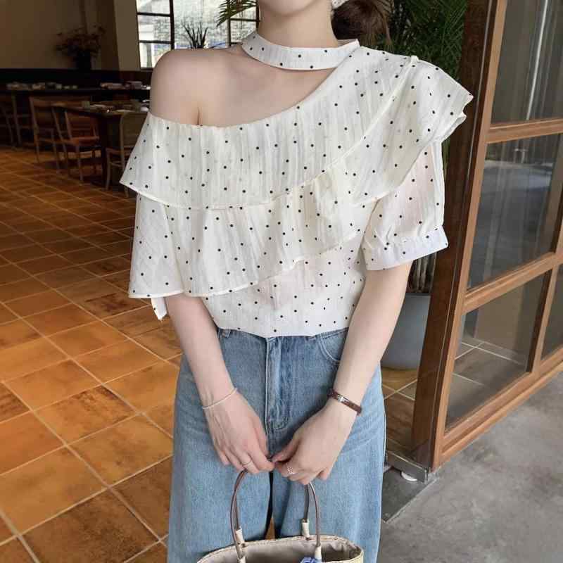 乐天商城 - レディース 夏 ブラウス 短袖 オフショルダー ハルターネック ポルカドット フリル ゆったり シフォン ジョーゼット かわいい 軽量 通勤 普段使い