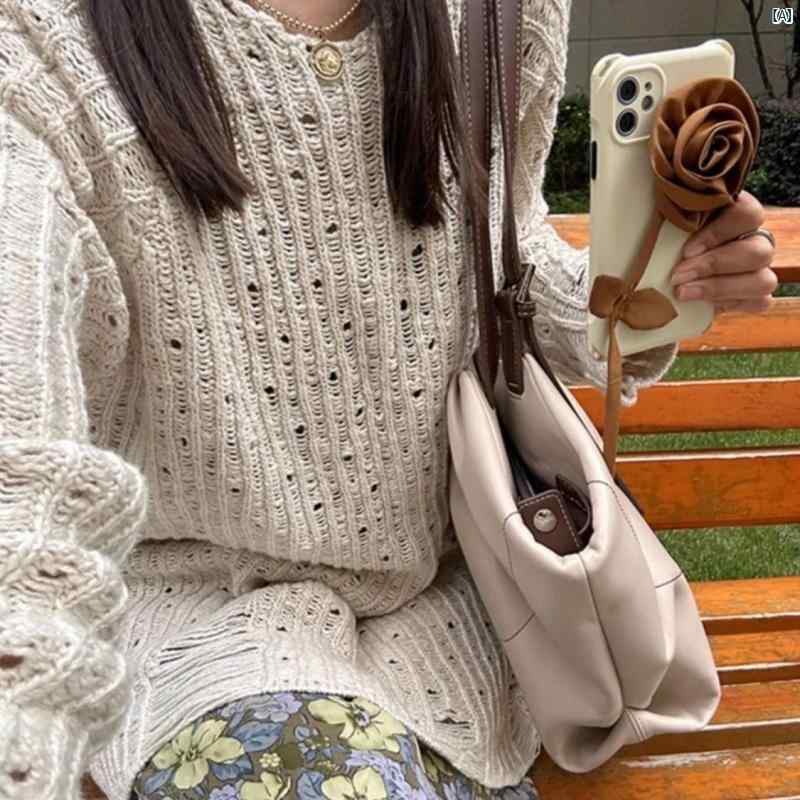 乐天商城 - レディース ニットセーター ゆったり 透け感 ダメージ加工 Vネック 韓国 春夏 スタイリッシュ 太糸 プルオーバー トップス カジュアル 普段使い 軽量 伸縮性
