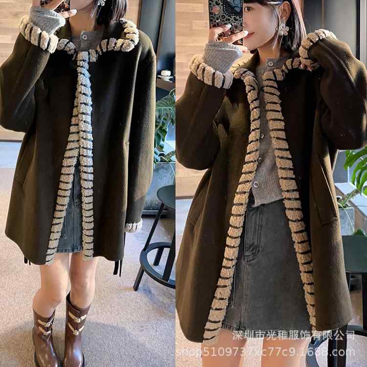 乐天商城 - レディース コート 秋冬 アーミーグリーン ウール ニット 個性 暖か 普段使い スタンドカラー ゆったりシルエット