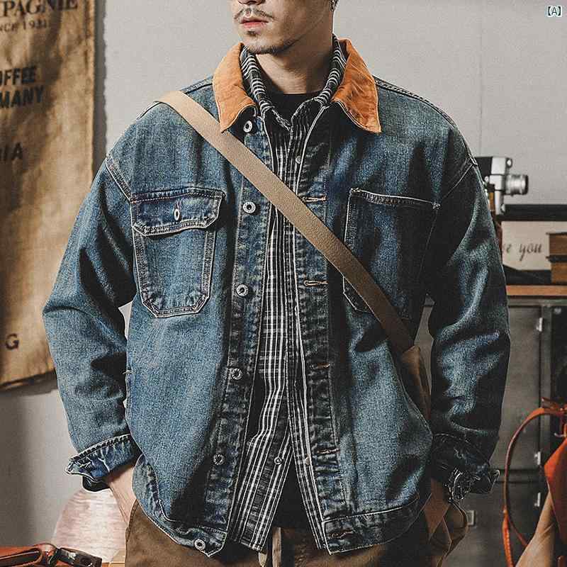 樂天商城 - デニム ジャケット メンズ 秋 レトロ クラシック アメリカン スタイル カラーブロック フィット ワーク カジュアル アウター 耐久性 コットン 混 生地 ゆったり シルエット 通勤 普段使い