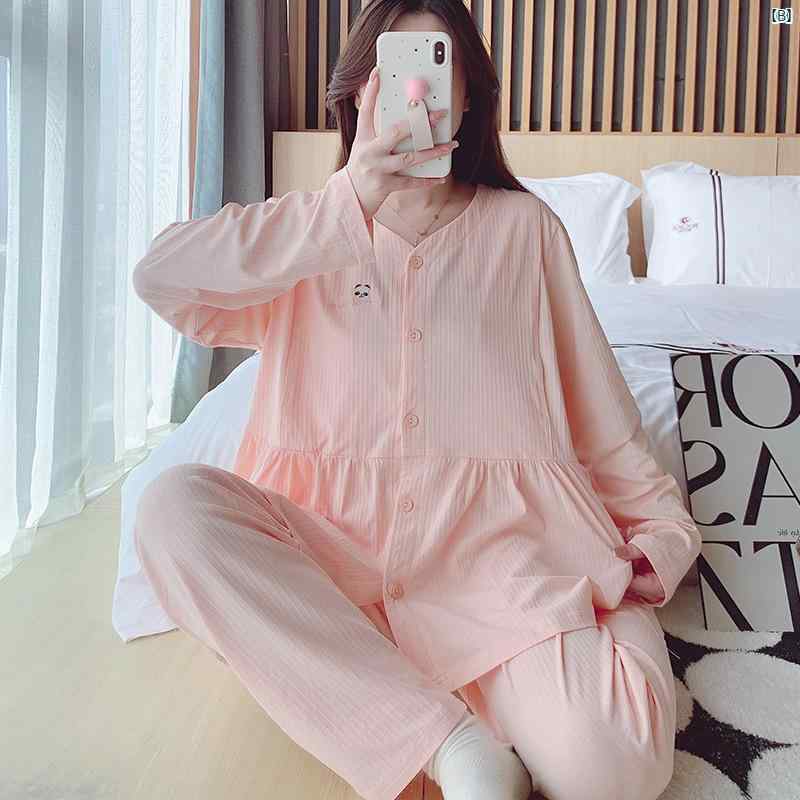 妊婦服 産後服 授乳服 夏用 長袖 トップス ロングパンツ セット ストライプ 刺繍 ...