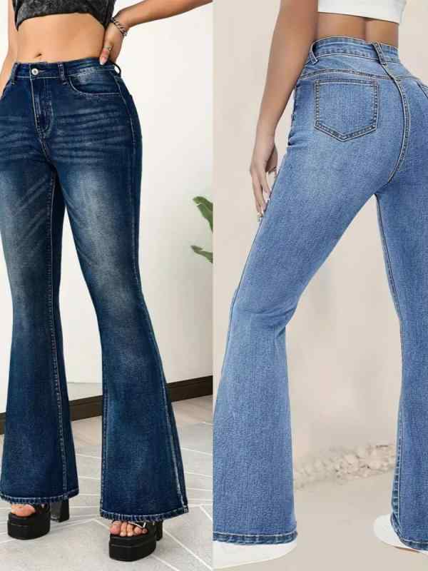 Rakuten - レディース フレアデニムパンツ ブルー 修身 スリムフィット 裾広がり 欧米スタイル 普段使い デニム素材 伸縮性 軽量 コーディネートしやすい