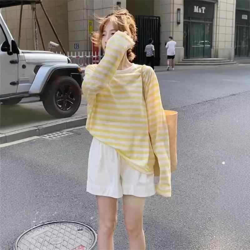 乐天商城 - レディース 長袖 Tシャツ トップス UVカット 夏用 薄手 軽量 ゆったり フィット カジュアル イエロー ストライプ