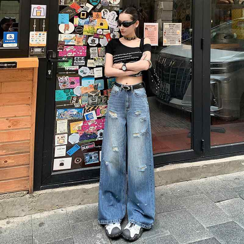 樂天商城 - レディース デニムパンツ ハイウエスト ワイドレッグ ダメージ フィット 細見え カジュアル 合わせやすい ロング丈 アメリカンスタイル ストリート ストレッチ コットン素材 普段使い