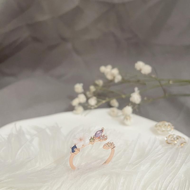 乐天商城 - 指輪 レディース シンプル モダン 花 モチーフ 彩色 ジルコニア 開口 調整可能 銅 素材 ファッション アクセサリー 日常使い 軽量