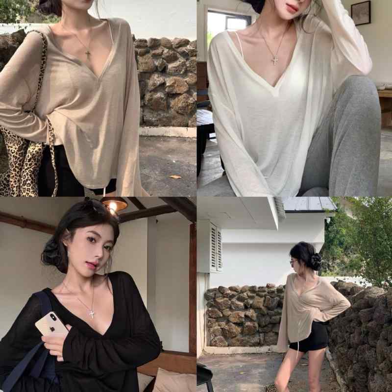 Rakuten - レディース トップス 夏用 ゆったり Vネック 長袖 Tシャツ UVカット 薄手 微透け カジュアル ガードシャツ リラックス 防晒 罩衫 休闲 上衣