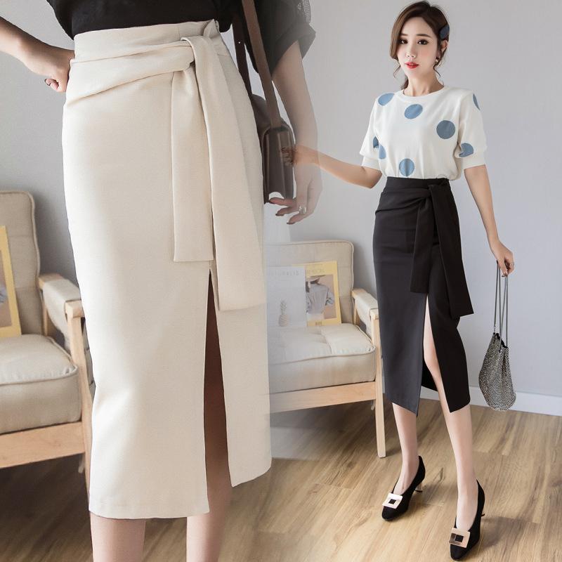 乐天商城 - スカート 女性用 春夏 ミディアムロング リボン 無地 スリムフィット ヒップハグ 上品 スタイル 普段使い 軽やか 伸縮性