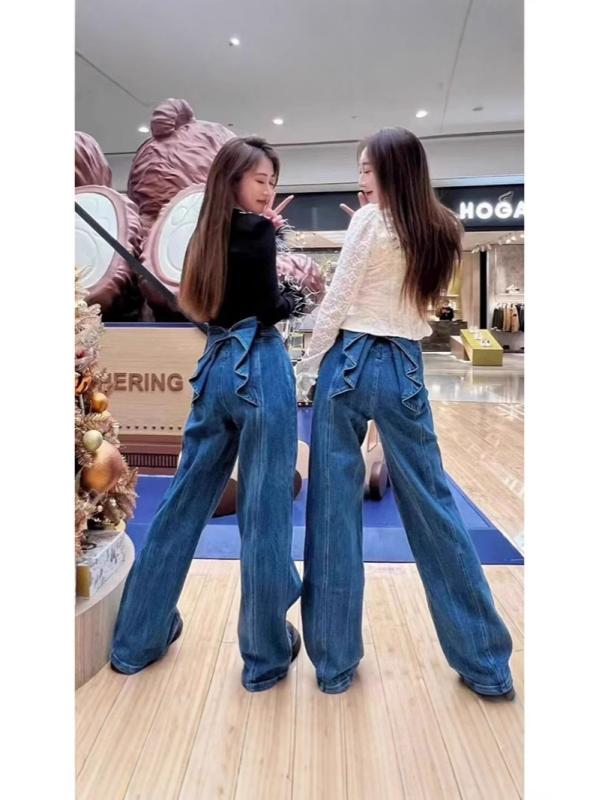 乐天商城 - デニムパンツ レディース ハイウエスト ストレート 蝶結び アメリカンスタイル 春秋 カジュアル 普段使い デニム素材 快適 伸縮性