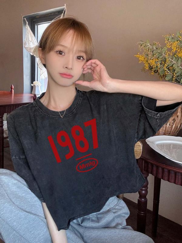 乐天商城 - レディース 短袖 Tシャツ コットン ウォッシュ レトロ 落肩 ショート丈 古着 アメリカンスタイル カレッジ ストリート 夏用 カジュアル トップス