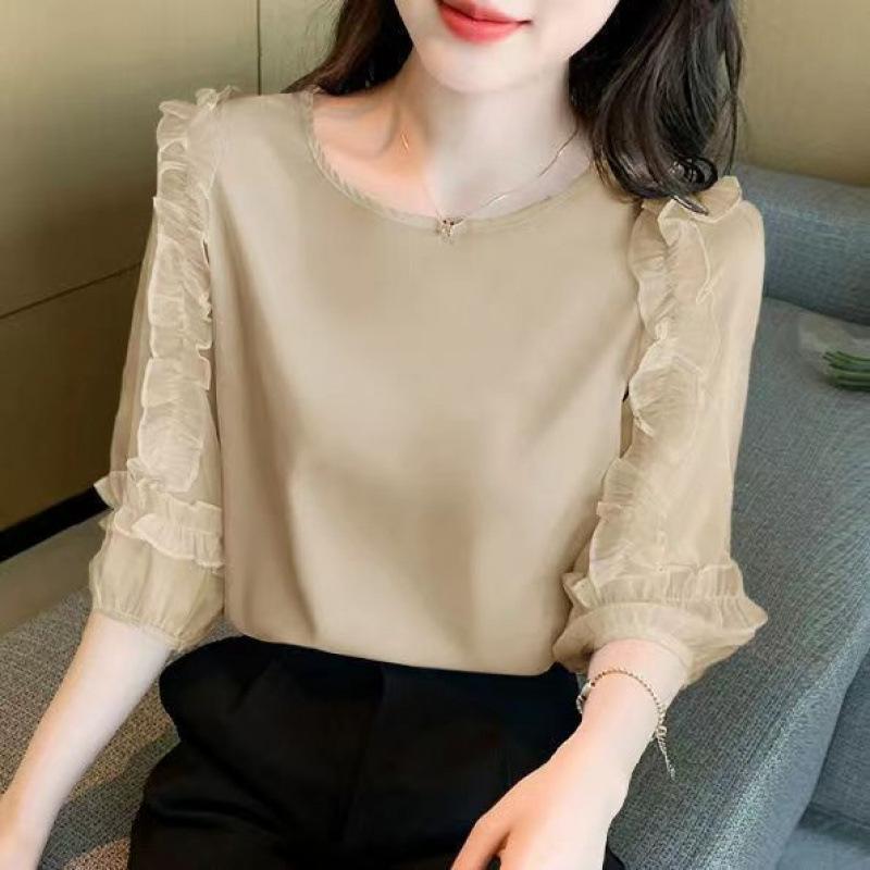 樂天商城 - レディース シフォンブラウス レース スカリップエッジ ゆったり フィット スリムシルエット 減齢 七分袖 ラウンドネック 軽量 通気性 トップス シャツ