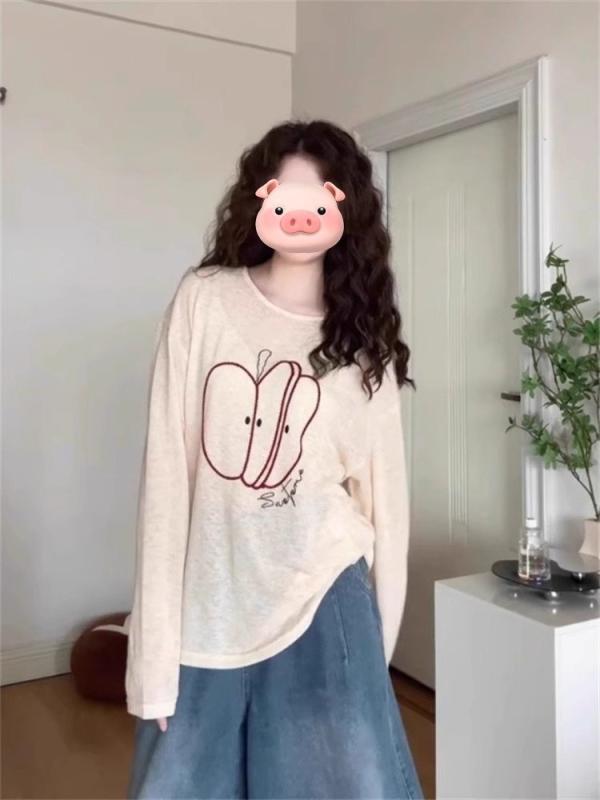 Rakuten - レディース 長袖Tシャツ りんご柄 UVカット 夏用 ゆったり ラフ 薄手 トップス カジュアル 室内着 軽量 吸湿速乾
