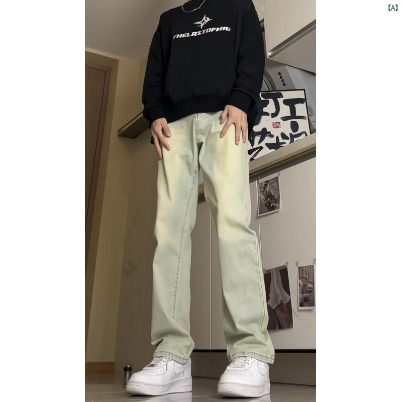 Rakuten - メンズ デニムパンツ カーキ スリム ストレート 微フレア 秋冬 カジュアル ストリート コットン 普段使い 軽量 伸縮性