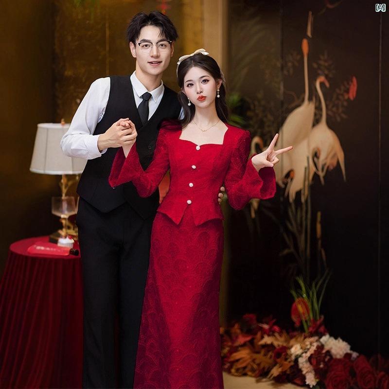 乐天商城 - レディース ワンピース 新婦 敬酒ドレス 婚約 礼服 セット 小柄向け 帰門服 ワインレッド 高級感 軽量 伸縮性 結婚式 普段使い