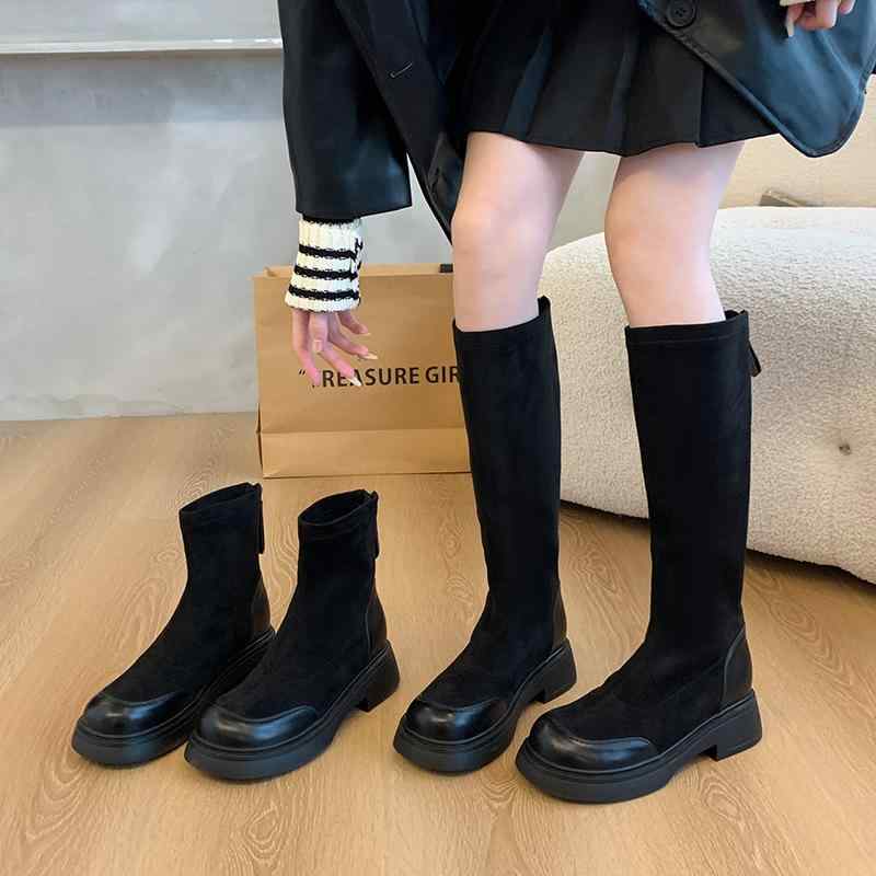 乐天商城 - ロングブーツ レディース スエード素材 伸縮性 脚痩せ効果 太ももゆったり ハイカット 大きめサイズ 秋冬 普段使い 軽量 柔軟 ワイドフィット