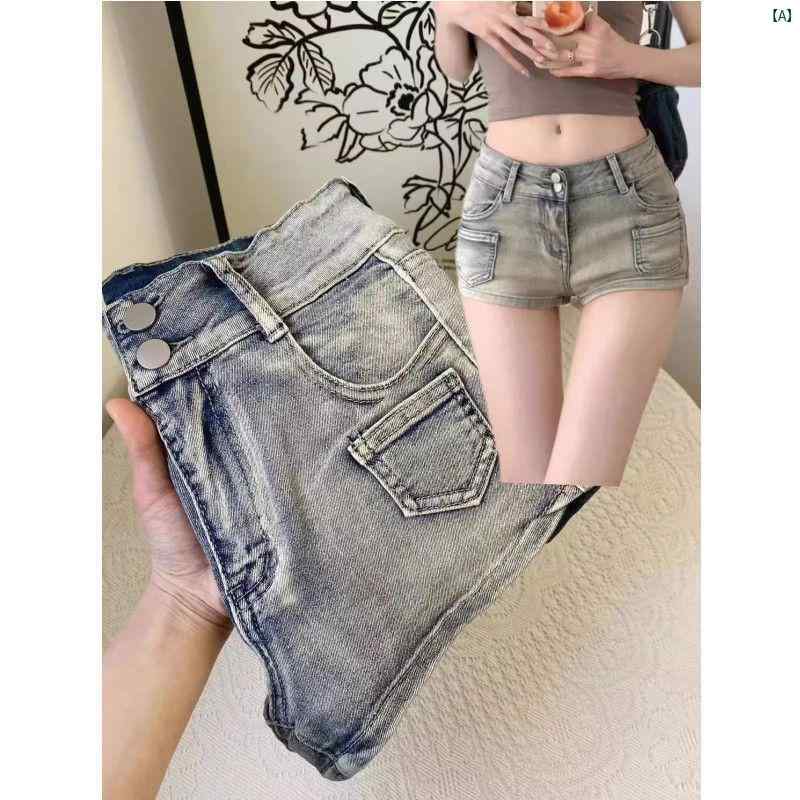 樂天商城 - レディース デニム ホットパンツ ヴィンテージ ダブルボタン ローライズ ヒップハグ ビッグサイズ ぽっちゃり対応 夏用 カジュアル 普段使い コットン混 伸縮性 軽量