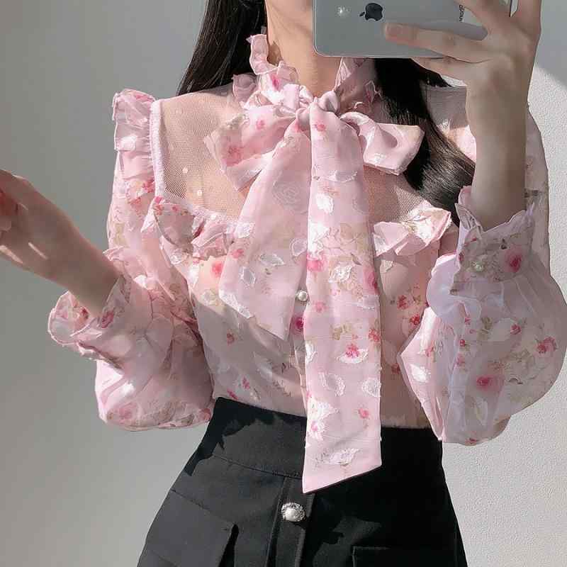 Rakuten - ブラウス レディース 春夏 シフォン 長袖 透け感 フリル 立襟 ゆったり トップス 女性用 軽やか 爽やか フェミニン シルエット