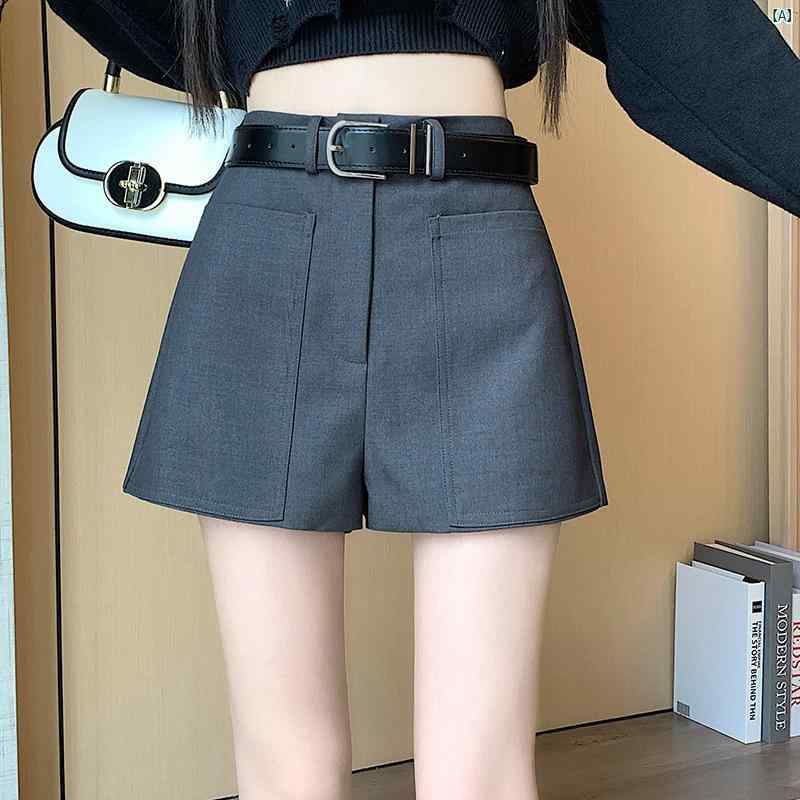 樂天商城 - レディース 秋冬 グレー ハイウエスト Aライン ワイドレッグ ショートパンツ スーツスタイル スタイルアップ 暖か素材 普段使い 軽量 伸縮性