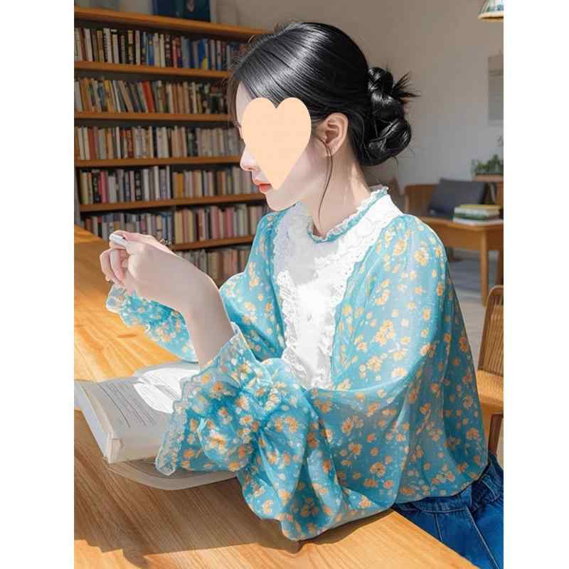 乐天商城 - シャツ レディース 春夏 かわいい 小花柄 パフスリーブ ブルー トップス フレンチスタイル 軽熟 女性用 花柄 袖 爽やか コーディネート