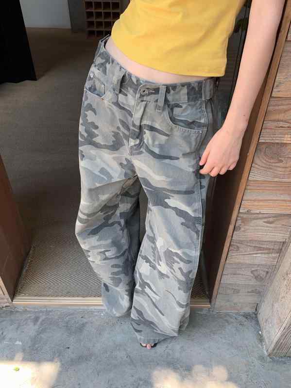 乐天商城 - パンツ レディース カモフラ柄 デニム ワイドレッグ ストレート ロング アメリカンスタイル 夏用 カジュアル 普段使い 個性的