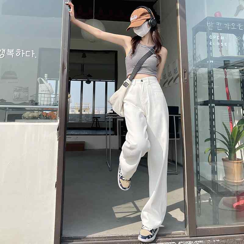 乐天商城 - レディース 春夏 ワイドレッグ ハイウエスト デニムパンツ ゆったり ストレート ロング丈 ドレープ感 デニム素材 普段使い カジュアル 柔らかい 伸縮性