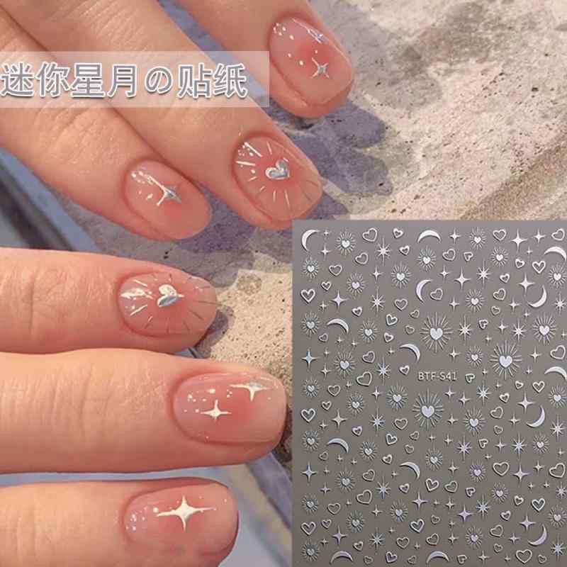 Rakuten - ネイルシール 防水 3D 金箔 ハート 星 月 幾何模様 シルバー 三日月 星芒 ネイルデコレーション 装飾シール キラキラ ネイルアート アクセサリー