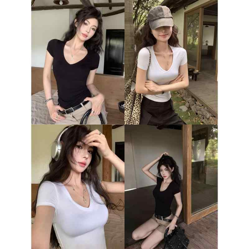 乐天商城 - Tシャツ レディース Vネック スリムフィット ショートスリーブ 白 夏 インナー トップス ベースレイヤー 吸湿速乾 軽量 通気性 接触冷感 カジュアル 普段使い かわいい