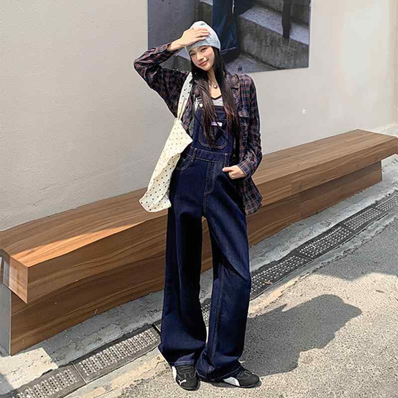 レディース デニム サスペンダー ワイドパンツ 秋 ハイウエスト スリム ゆったり ドレープ感 ストレート ダークブルー レトロ アメリカン カジュアル ストレッチ 素材