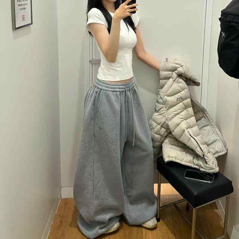 Rakuten - ワイドパンツ レトロ ゆったり カジュアル ロング丈 フィット スポーツ 春秋 普段使い ストレッチ コットン混 ブラック グレー ベージュ