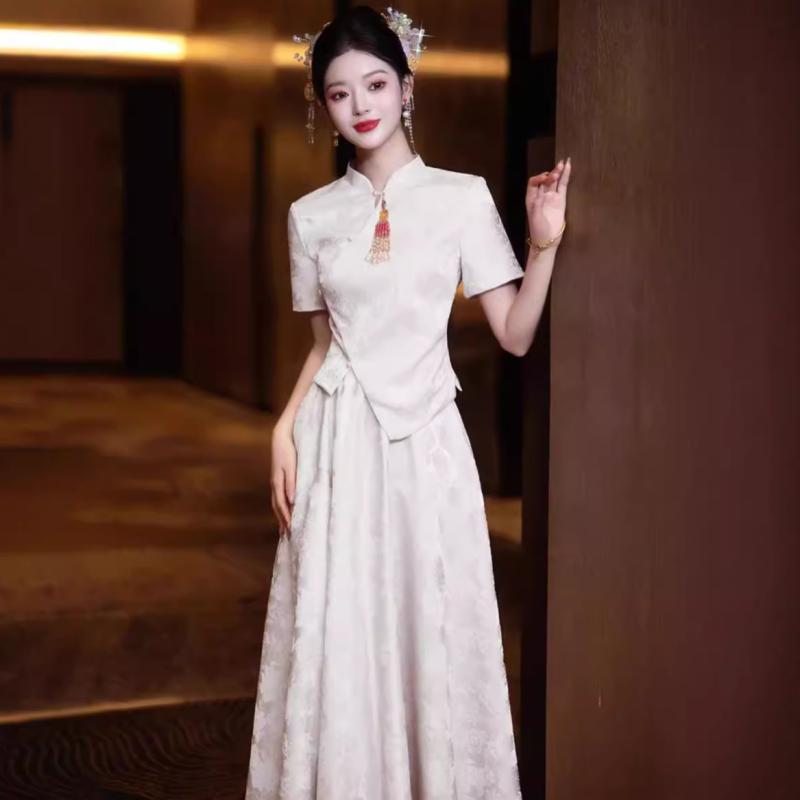 乐天商城 - チャイナドレス レディース 白色 新婦 敬酒服 セット ワンピース 婚約 パーティー用 モダン 結婚式 礼服 ドレス 女性用 フォーマル スタイル