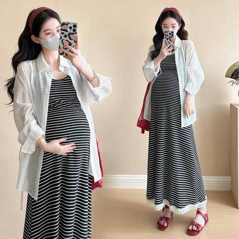 ワンピース レディース マタニティ 妊婦服 チュニック 春夏 2点セット 吊りスカート キャミソールワンピ ノースリーブ ストライプ 切り替え レース レイヤード 重ね着 日焼け防止 UVカット シャツ アウター 羽織り 体型カバー ゆったり 涼しい