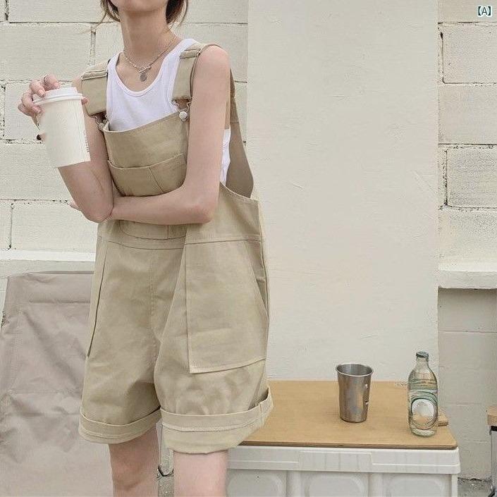 クリエイティブグローバルのサロペットパンツ レディース 夏物 ショートパンツ オールインワン オーバーオール ハーフパンツ 短パン 半ズボン ボトムス 綿麻 コットン リネン カーキ 無地 ノースリーブ カジュアル 普段使い ルームウェア アウトドア 部屋着 軽量 薄手 涼しい｜アングル2