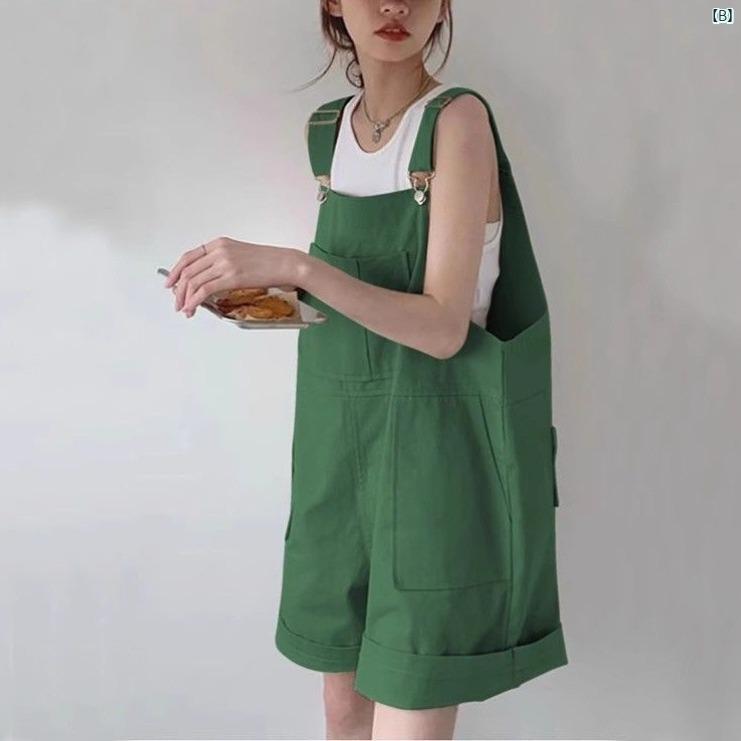 クリエイティブグローバルのサロペットパンツ レディース 夏物 ショートパンツ オールインワン オーバーオール ハーフパンツ 短パン 半ズボン ボトムス 綿麻 コットン リネン カーキ 無地 ノースリーブ カジュアル 普段使い ルームウェア アウトドア 部屋着 軽量 薄手 涼しい｜アングル3
